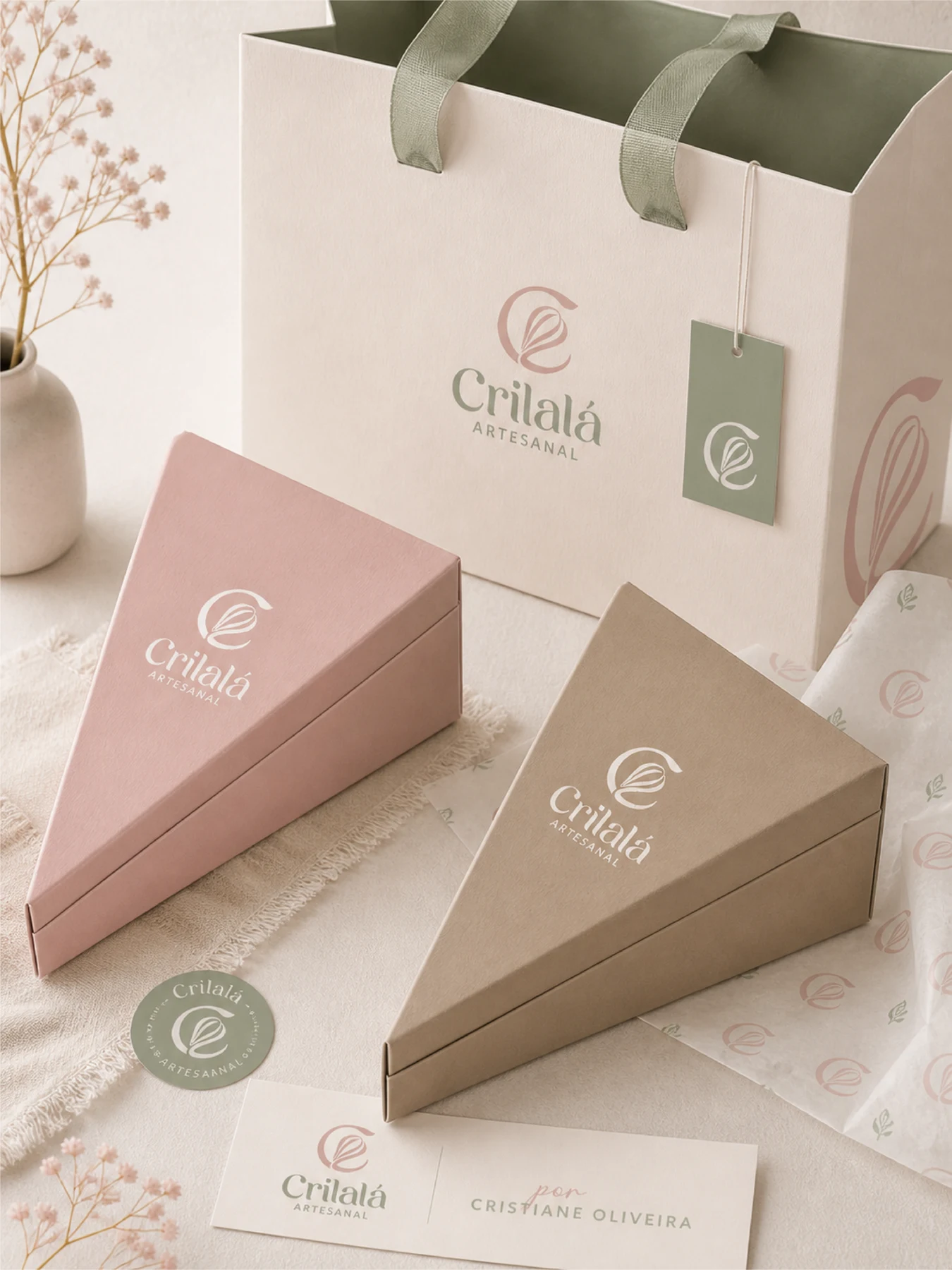 Caixas triangulares, sacola e etiqueta Crilalá Artesanal em rosa antigo, sálvia e creme.